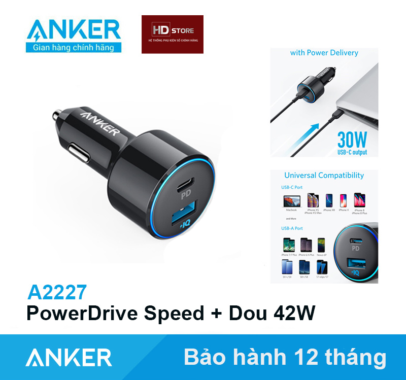 Tẩu sạc nhanh ô tô anker powerdrive speed + dou 42w sạc nhanh pd 30w - a2227 cho o to xe hơi hdstore