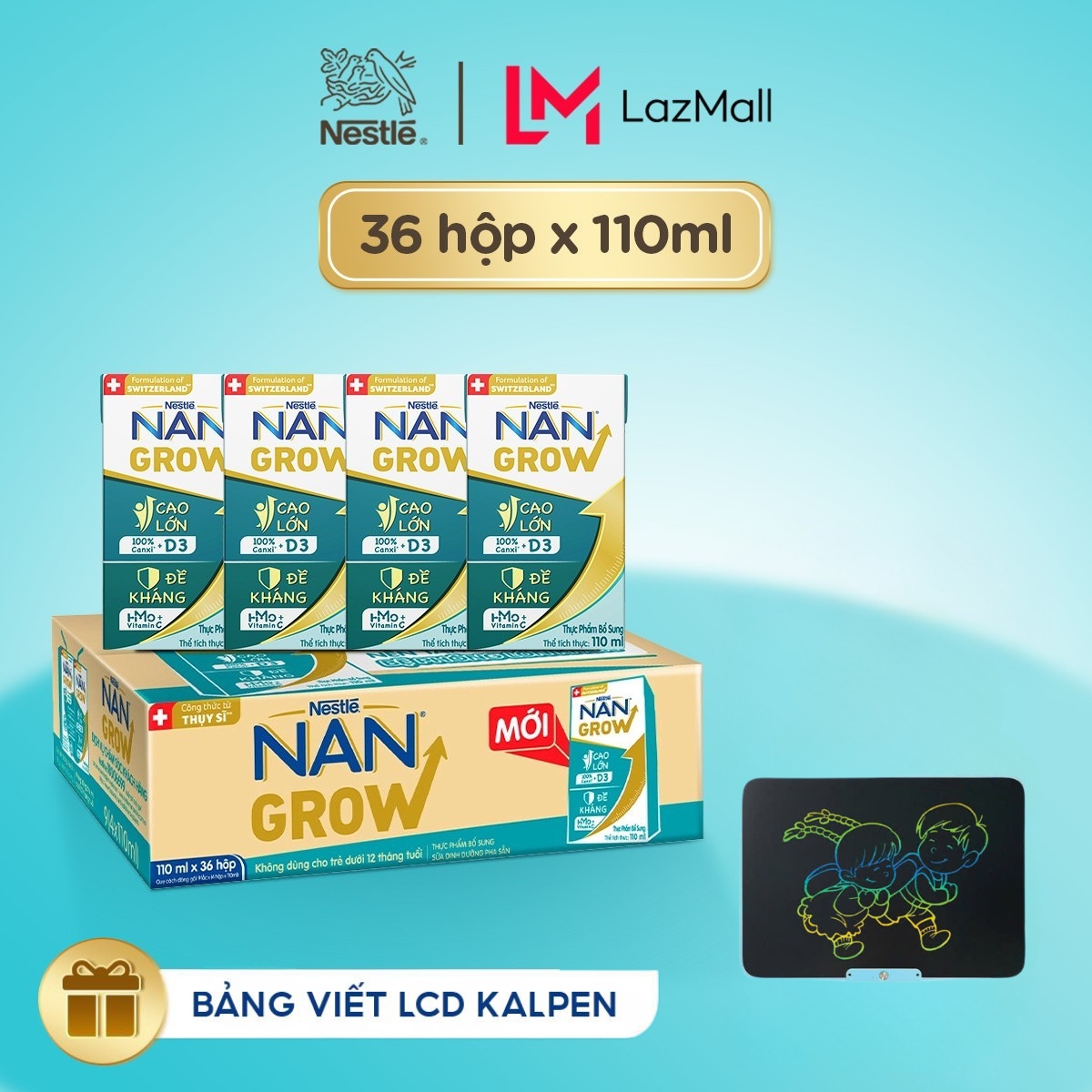 [Tặng Bảng viết LCD Kalpen] Sữa Pha Sẵn Nestlé NANGROW Cho Trẻ Từ 1 Tuổi, Công Thức Thụy Sĩ Giúp Bé Cao Lớn Vượt Trội, Thùng (36 Hộp x 110ml)