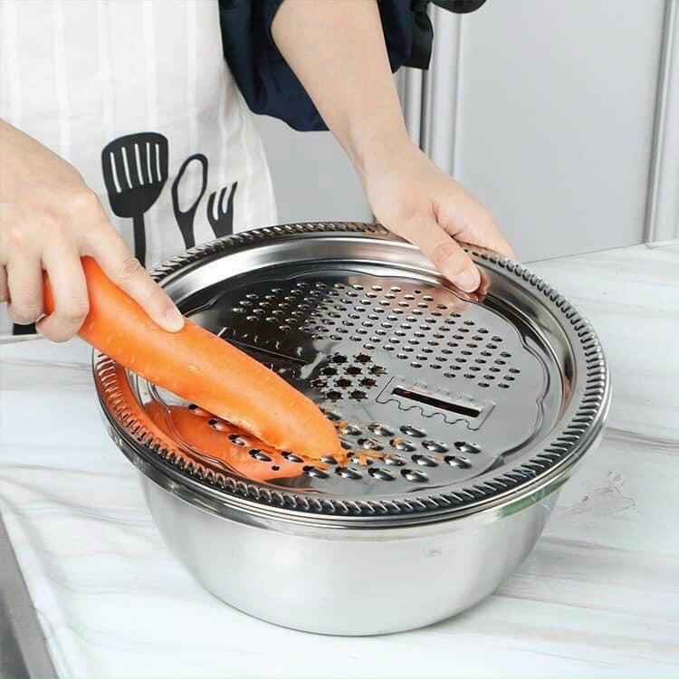 Bộ 3 món bào -nạo rau củ kiêm rổ và chậu inox cao cấp đa năng