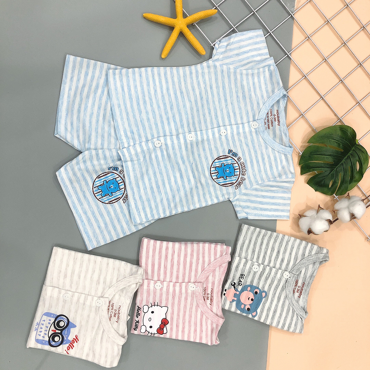 Bộ Cộc Tay Cúc Giữa Noubaby Chất Cotton Loang Kẻ Cho Bé Trai Bé Gái - Quần Áo Trẻ Em - Quần Áo Sơ Sinh Từ 4kg Đến 15kg