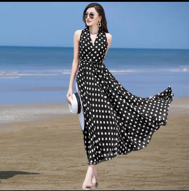 Đầm chấm bi cổ v kèm dây thắt
