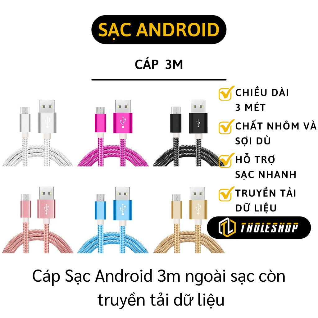 Cáp sạc Androi - Cáp dữ liệu sạc nhanh Micro USB - Dây sạc tốt bọc dù chống đứt cổng Micro USB cho Androi 3M