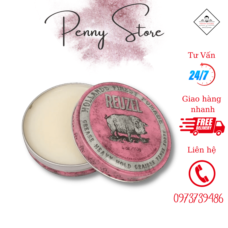 Sáp vuốt tóc nam reuzel pink greasy heavy hold pomade - pomade lợn hồng - 113gram