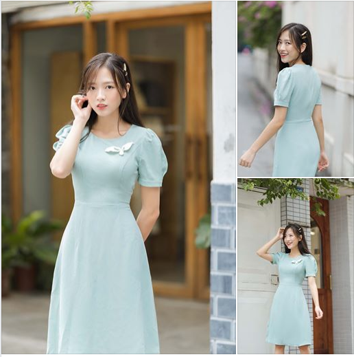 Đầm công sở, váy công sở xanh cổ thuyền kèm hoa ngực e1079