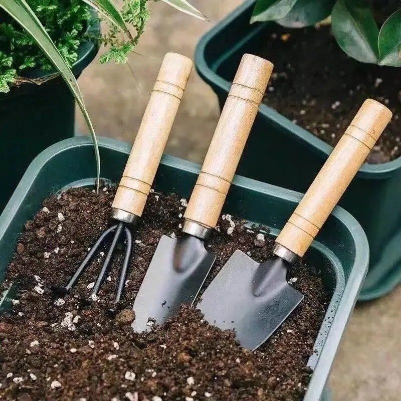 Bộ cuốc xẻng 3 món làm vườn mini nhỏ gọn- cán gỗ làm vườn tiện lợi