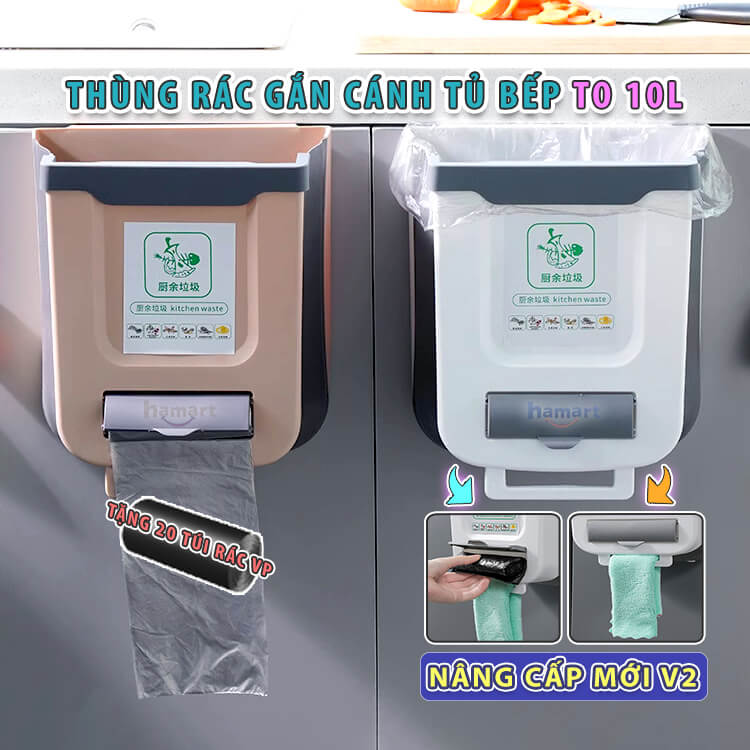 Thùng rác gắn cánh tủ bếp v2 10l cỡ lớn móc cửa xếp gọn đa năng tiện lợi tặng 20 túi rác