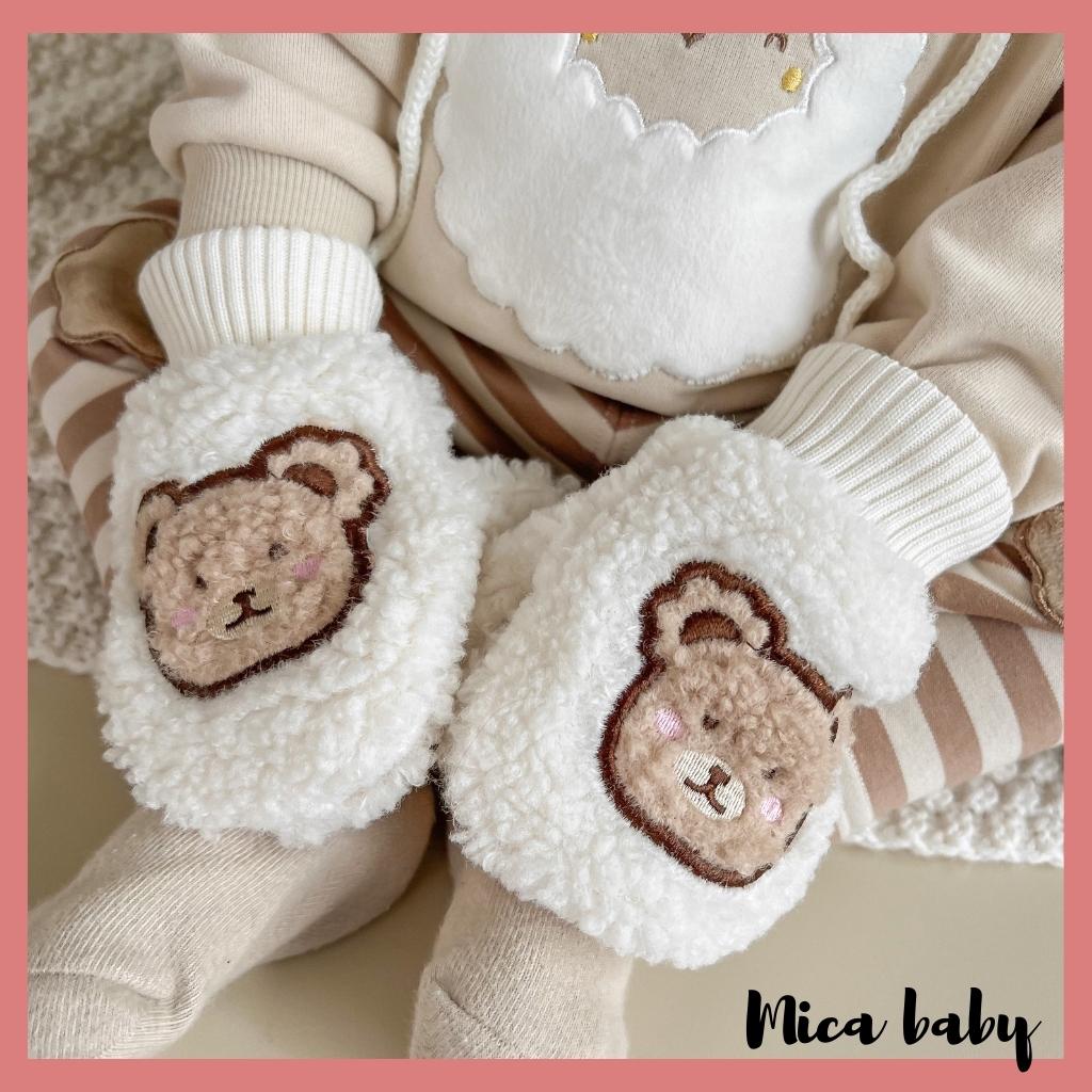 Bao tay len lông xù đính gấu đáng yêu cho bé BT03 Mica baby