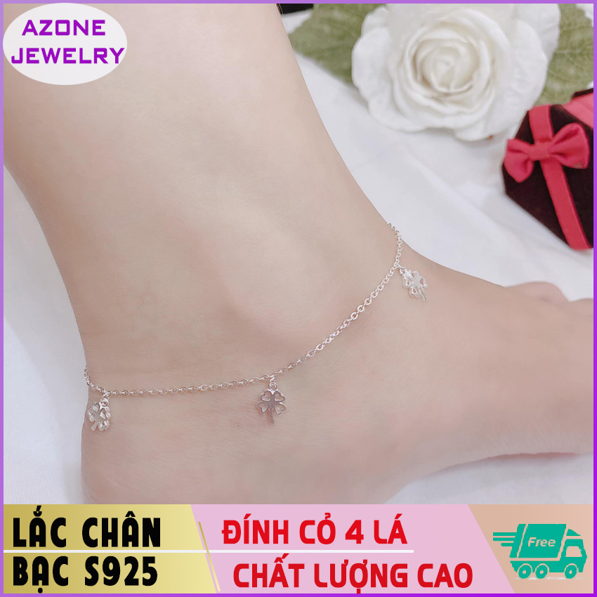 Lắc chân | Lắc chân bạc | Lắc chân nữ đính cỏ 4 lá Bạc S925 [FREESHIP] Hàng đẹp Khóa móc dễ dàng tháo lắp và tùy chỉnh kích thước #AZLC006 - Azone Jewelry