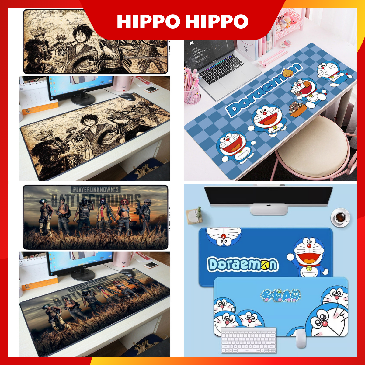 Miếng pad lót chuột máy tính đa năng cao su cỡ lớn 70x30cm chắc chắn gaming hình Đoremon và dễ thương, bàn di chuột chống trơn trợt Hippo
