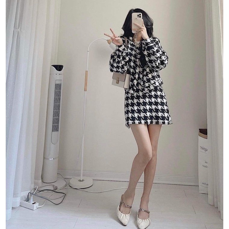 Set áo dạ kèm chân váy hoạ tiết zizac -Set dạ diện tết sang chảnh Chicclothes
