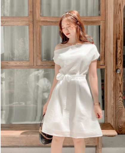 [HCM][vải cao cấp + có ảnh thật]ĐẦM TRẮNG LỆCH VAI THẮT NƠ EO SIÊU XINH