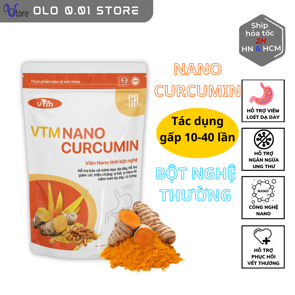 Viên uống tinh bột nghệ VTM NANO CURCUMIN - hỗ trợ làm đẹp và viêm loét dạ dày - Gói 60 viên