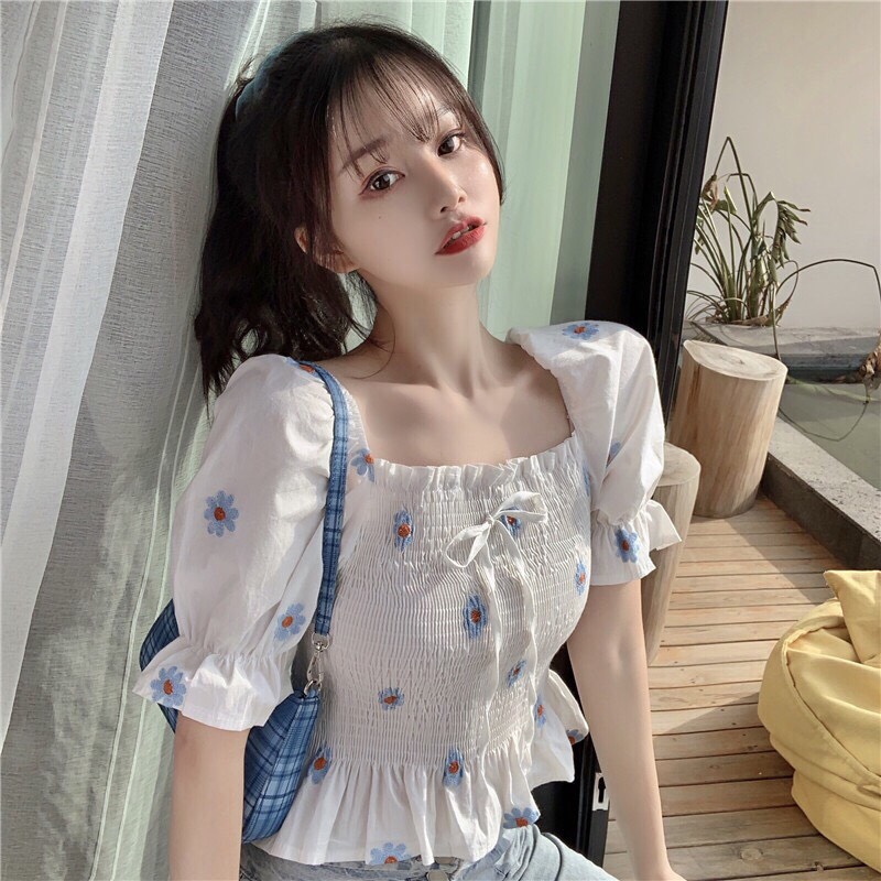 Áo Kiểu Voan Tay Ngắn Hoa Cúc Thân Nhún Thắt Nơ Chính Giữa Dịu Dàng TTSA0515