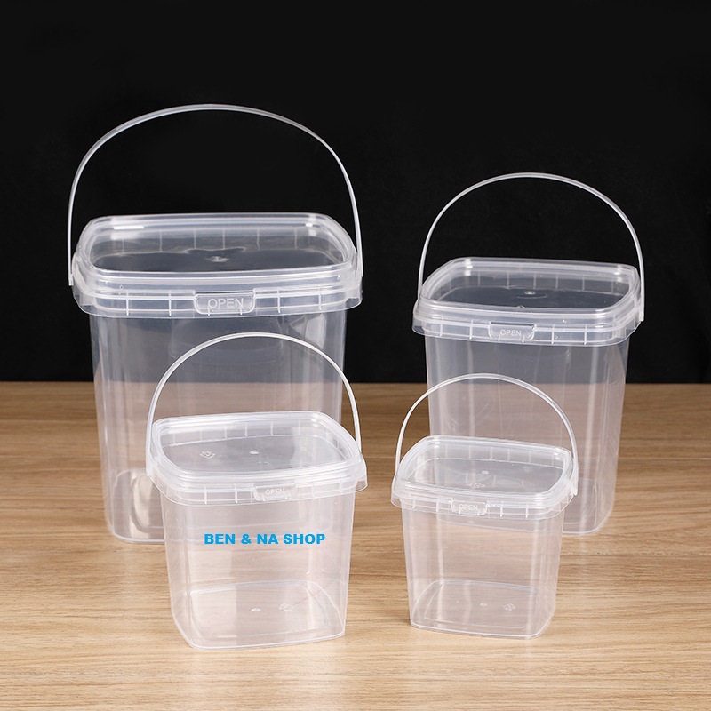 Square/Round Bucket 500ml, Plastic Bucket 1000ml, Square Bucket 2000ml for Milk Tea with Handle, Milk Tea Bucket, Candy Bucket