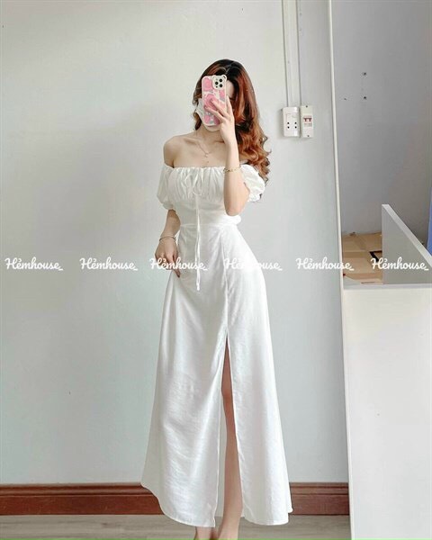 Maxi đi biển sẻ tà màu trắng sang trọng, đầm nữ dự tiệc tay phồng, đầm cổ vuông, váy nữ bẹt vai, đầm trắng đi tiệc sang chảnh