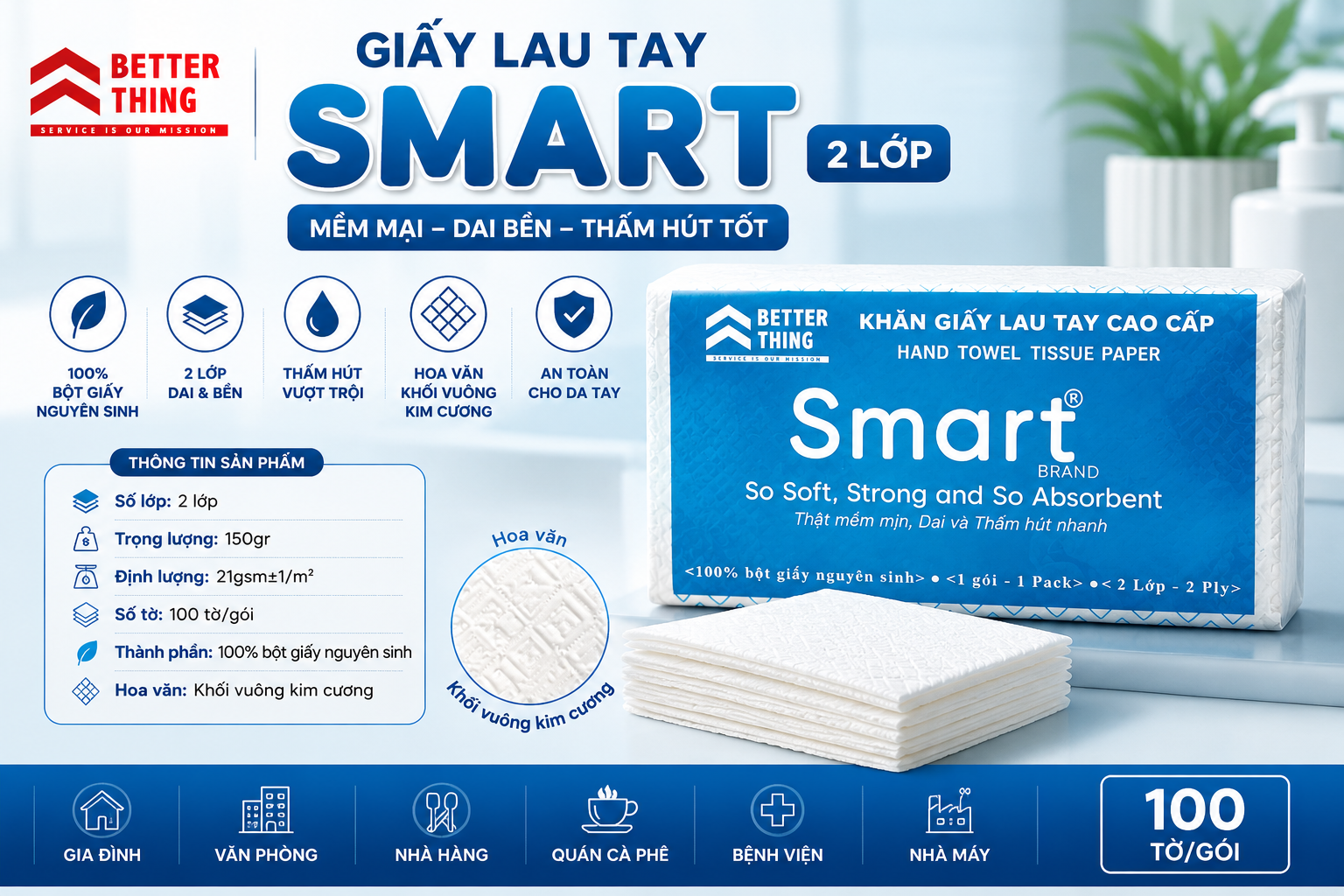 Giấy Lau Tay SMART 2 Lớp Better Thing 100 Tờ/Gói - 100% Bột Giấy Nguyên Sinh, Mềm Mại, Dai Bền, Thấm Hút Nhanh, Khăn Giấy Lau Tay Cao Cấp