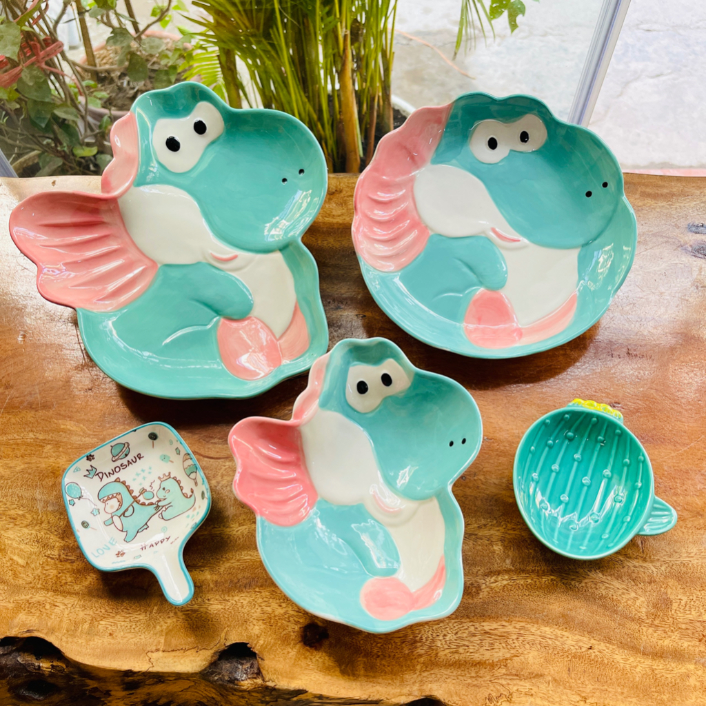 Bộ bát đĩa gốm sứ decor,Chén ăn cơm, Dĩa sứ, Sét bát đĩa khủng long xanh nghộ nghĩnh cho bé