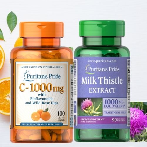 Combo viên uống hạ hơi men, thải độ gan của Puritan's Pride - Milk Thistle 90v và Vitamin C 1000mg 60 viên tách lẻ