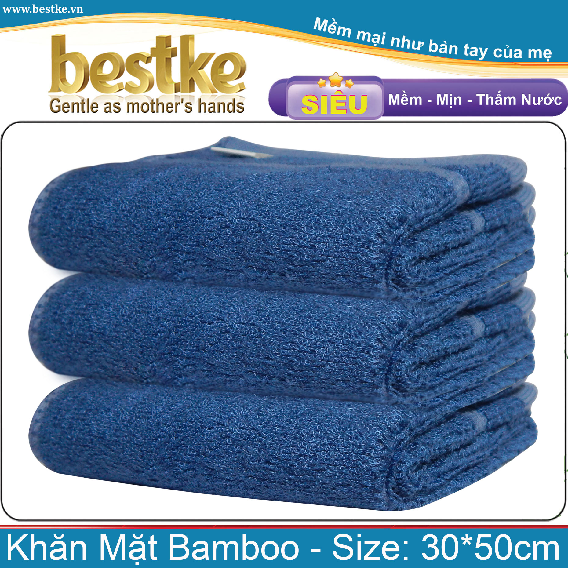 Khăn mặt , khăn sợi tre , khăn bamboo bestke , set 3 cái màu xanh