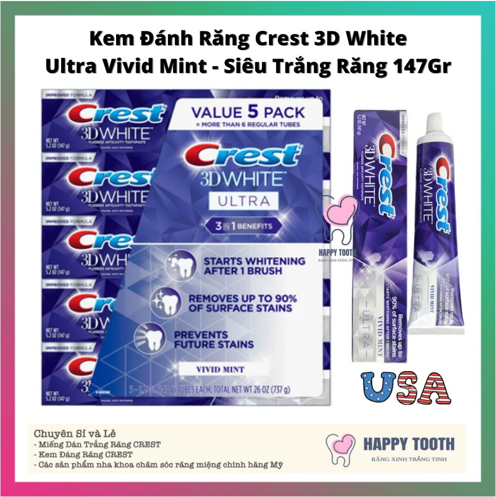 Kem đánh răng crest 3d white vivid mint ultra trắng răng tuýp 147gr của mỹ