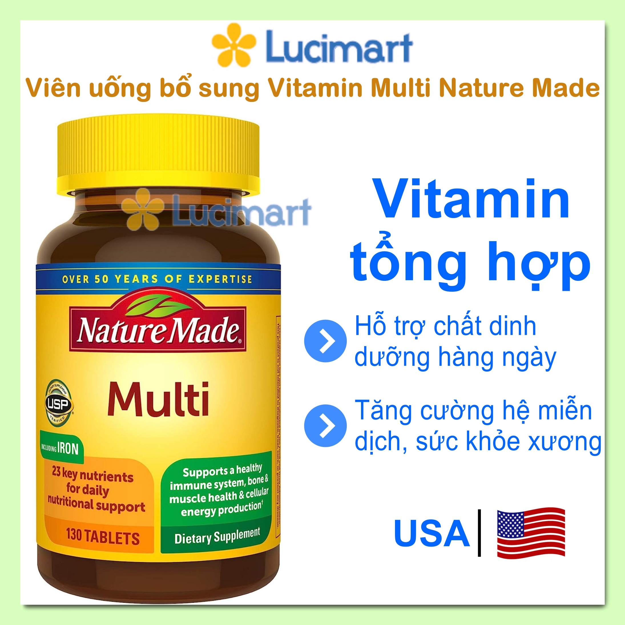 Viên uống bổ sung Vitamin Multi Nature Made, hũ 130 viên Hàng Mỹ