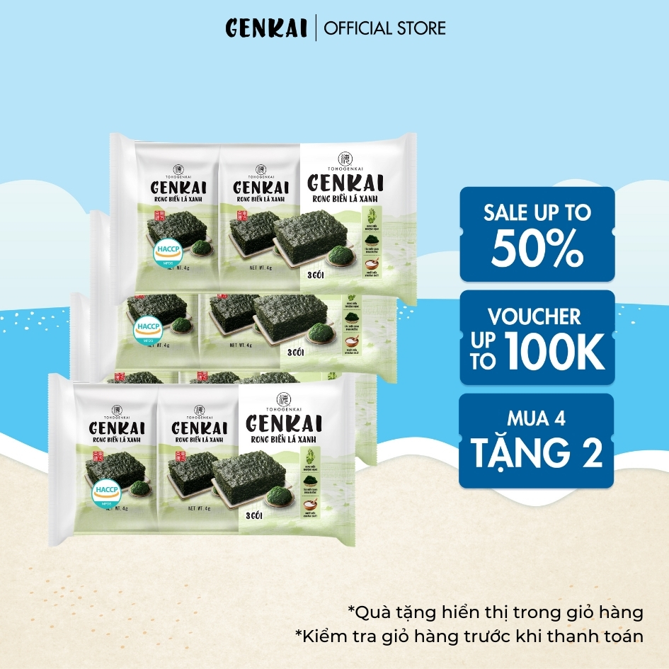 Combo 4 Lốc Rong Biển Ăn Liền GENKAI Lá Xanh 12g (4g x 3 gói)