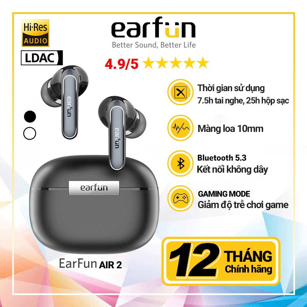 Tai nghe True Wireless Earfun Air 2 âm thanh LDAC, hires thời gian nghe 9h