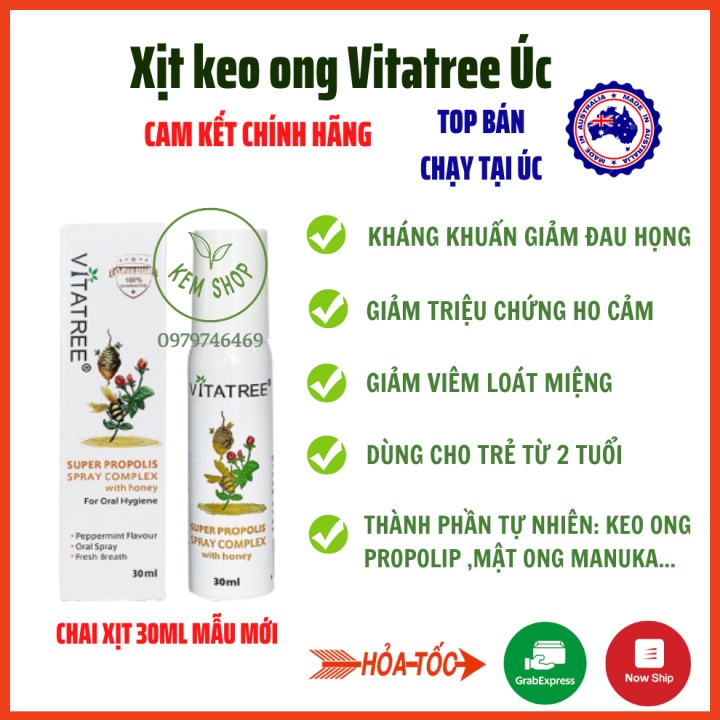 Xịt keo ong Vitatree 30ml, Vitatree Super Propolis Spray complex with Honey, Úc