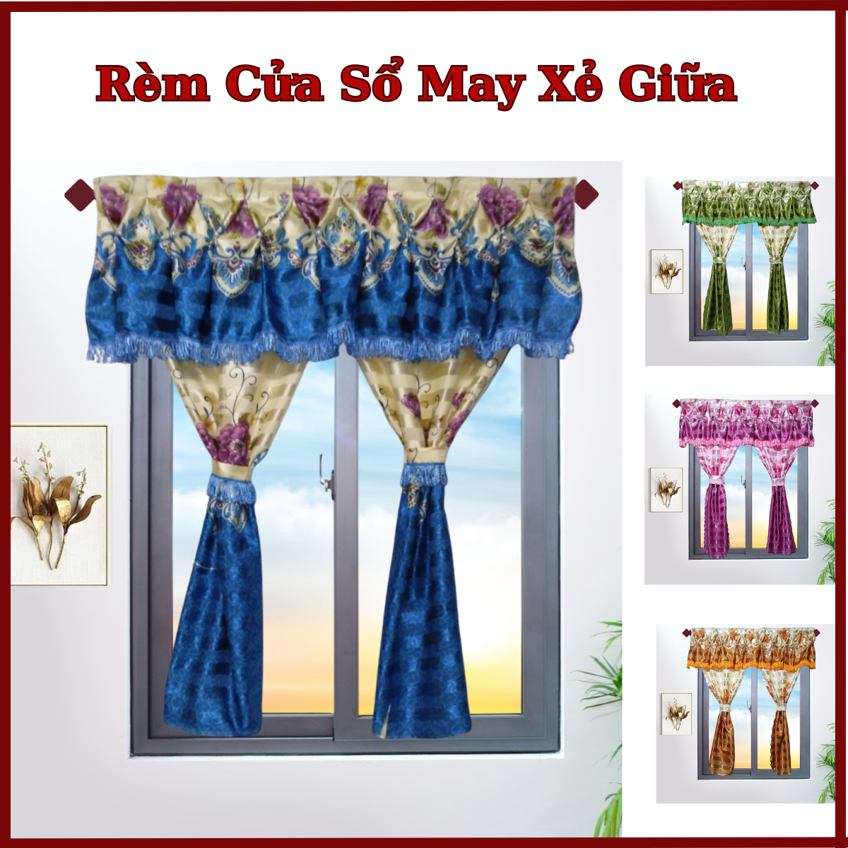 Rèm cửa sổ thanh ngọc vải phi bóng nhiều màu may dập biên shop có nhận may theo yêu cầu
