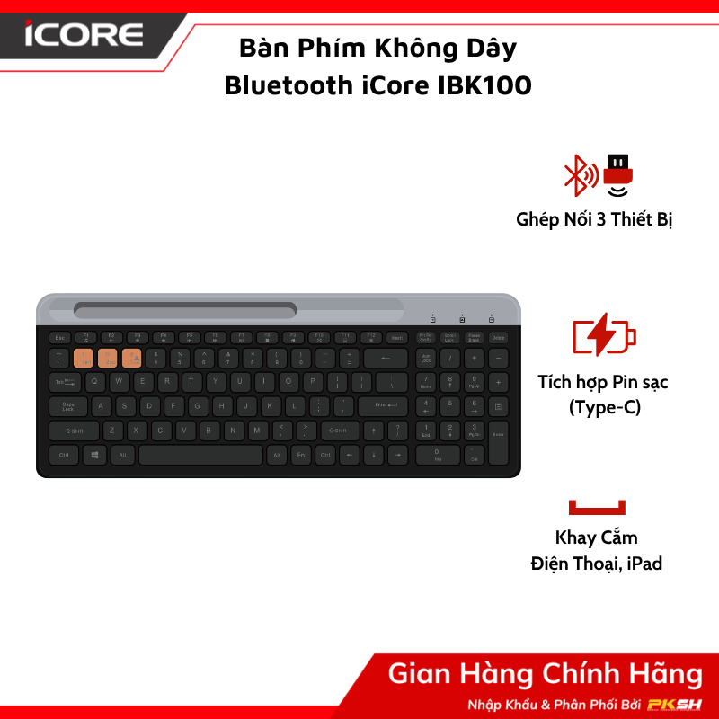 Bàn Phím Không Dây Bluetooth iCore IBK100 - Thiết Kế Tinh Tế, Đa Kết Nối - Hàng chính hãng
