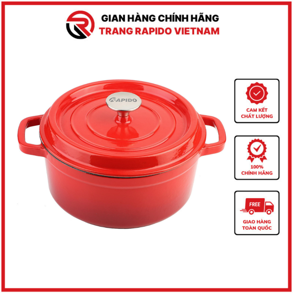 Nồi gang đúc tráng men rapido 22cm, đúc nguyên khối, chống dính 2 lớp, sử dụng với mọi loại bếp