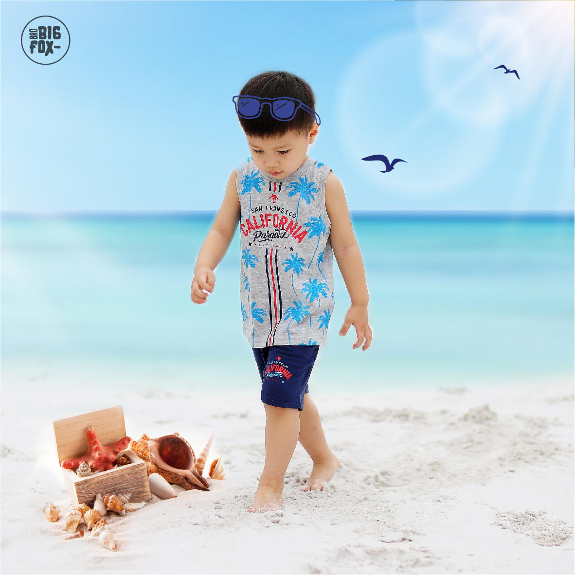 Đồ bộ bé trai size đại, bộ ba lỗ cho bé chất cotton phong cách Âu Mỹ hình in cây dừa California 11 – 37 kg QATE