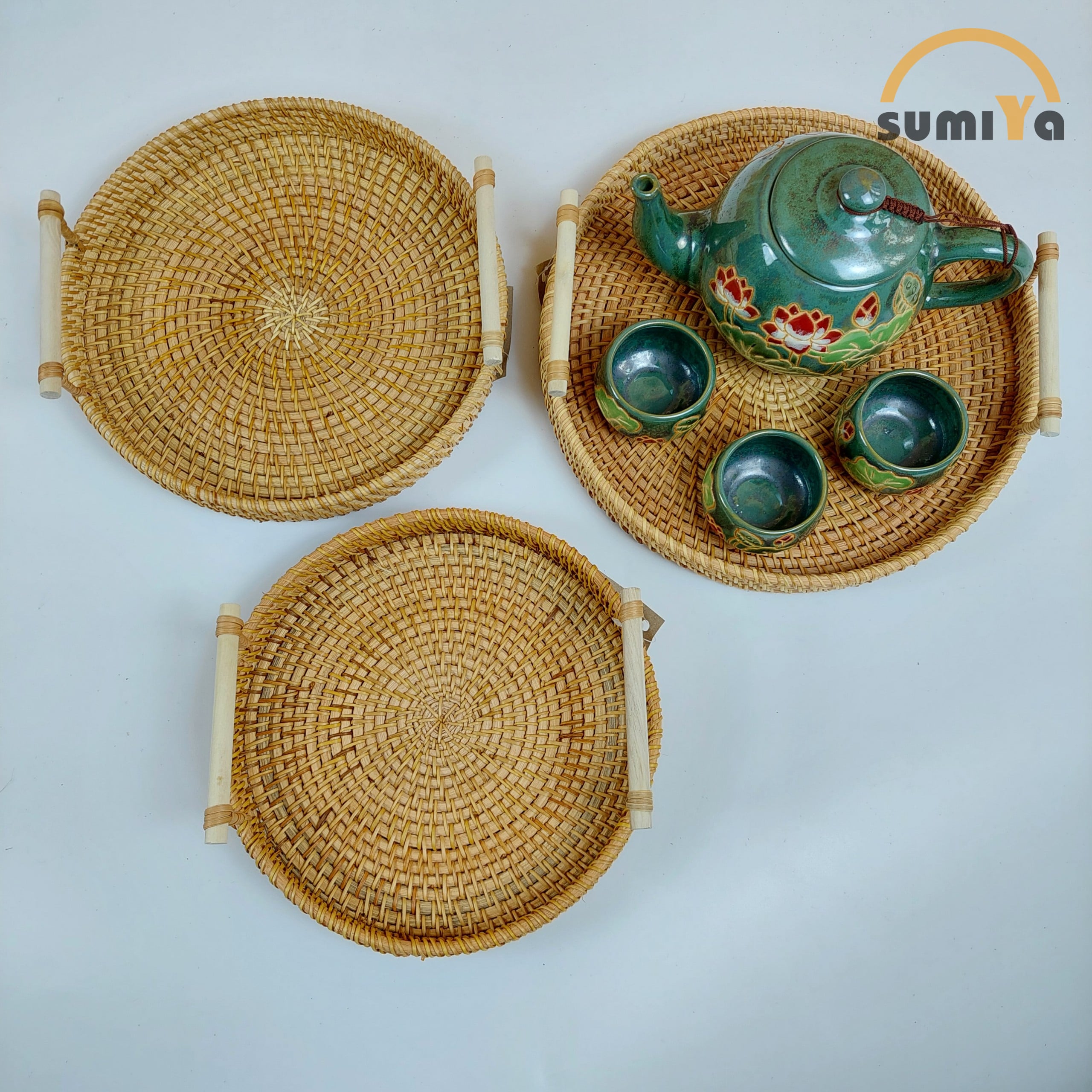 Khay mây xiên có quai gỗ SUMIYA dùng để trái cây, thức ăn, decor, trang trí, sản phẩm tự nhiên
