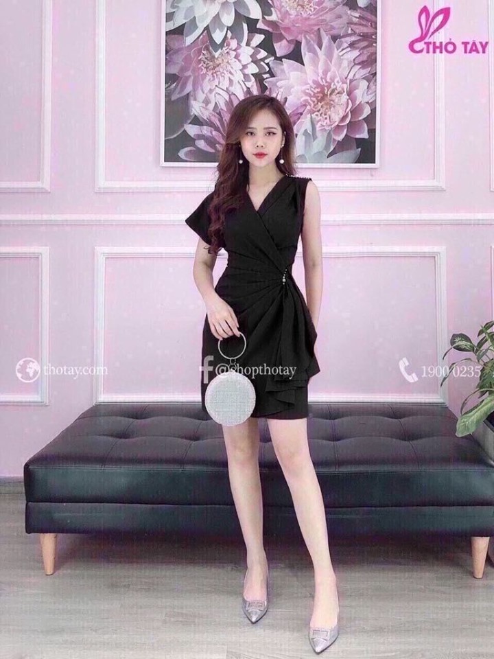Đầm nữ chéo eo đính cườm thời trang bambo