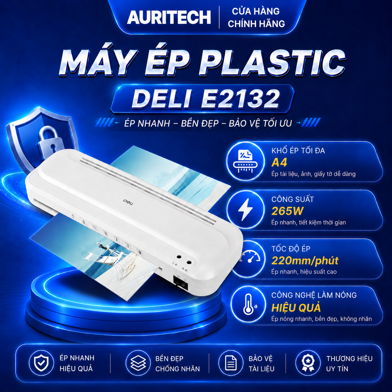 Máy Ép Plastic Deli E2132 Khổ A4, Máy Ép Nhiệt Nhựa Dẻo, Máy Cán Màng Ảnh, Tài Liệu, Bằng Khen