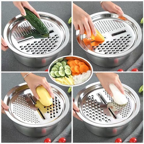 Bộ rổ bào rau củ inox 28cm - bộ thau rổ bào rau củ inox không rỉ 3 món – dụng cụ thái cắt rau củ