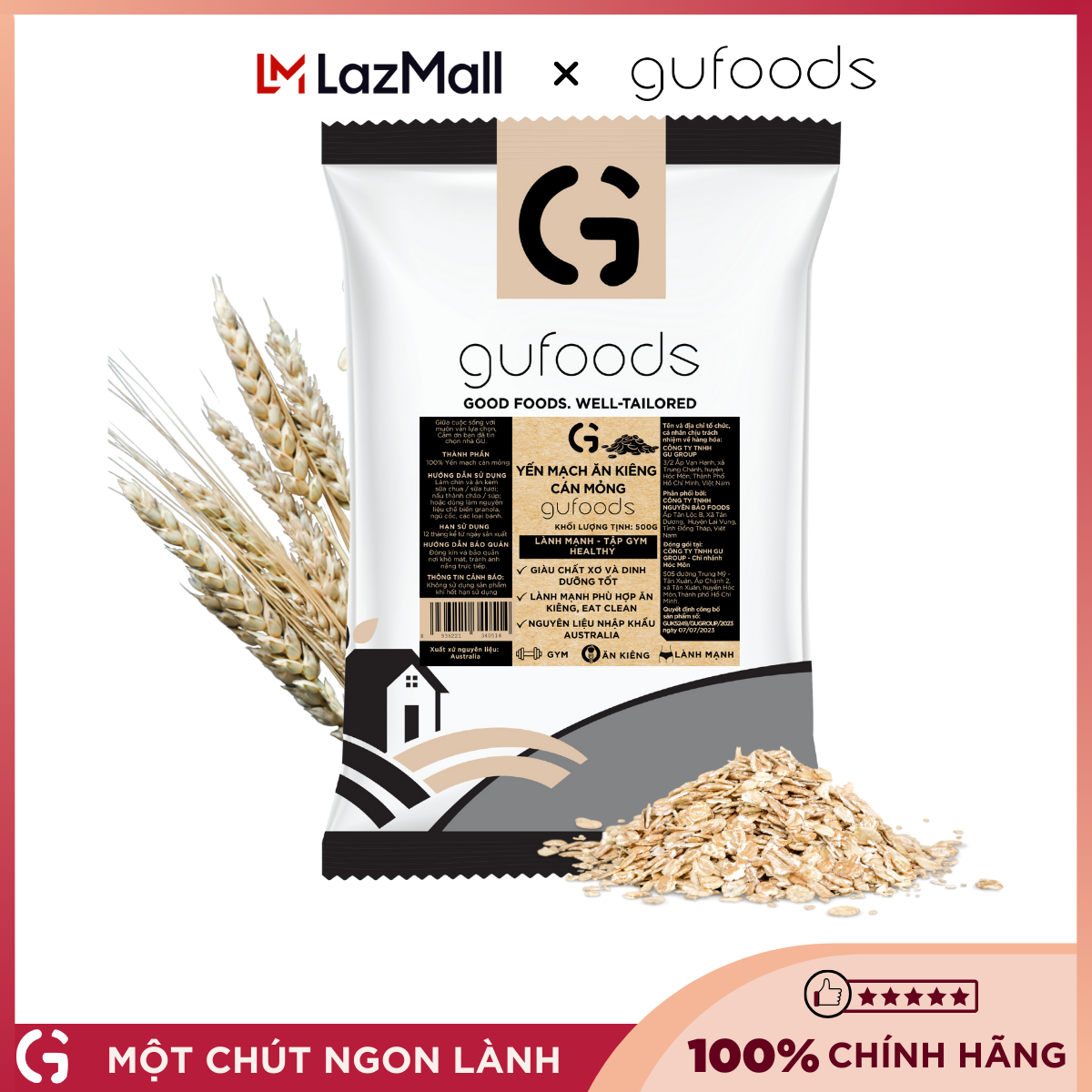 Yến mạch tươi cán mỏng GUfoods - Ăn kiêng, Giàu chất xơ, Hỗ trợ giảm cân, Tập gym, Eat clean