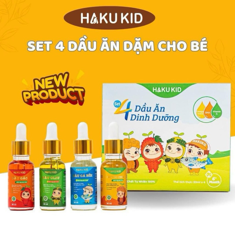 Set dầu ăn dặm Hakukid cho bé ăn dặm :dầu oliu, gấc, cá hồi, óc chó 20ml