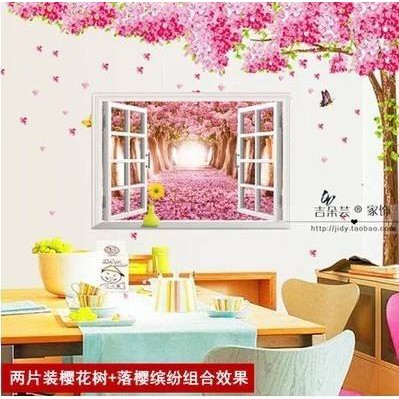 Decal dán tường Combo Cây tình yêu và khung cửa hoa đào - tranh dán tường giấy dán tường 3D hình cây đào tình yêu và khung cửa sổ