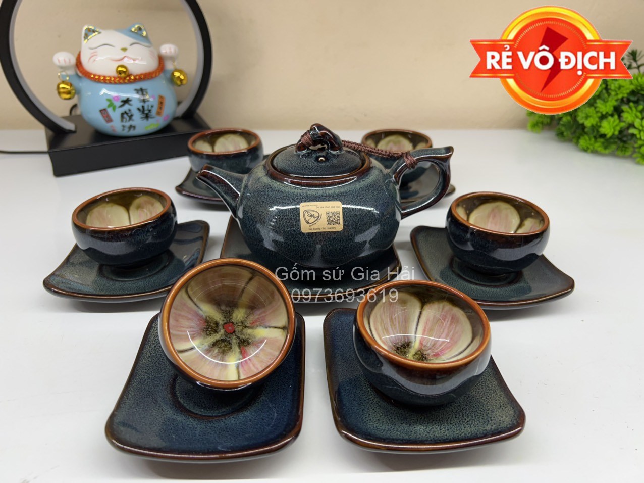 Bộ ấm chén hoa nở trong chén nghệ nhân tô thanh sơn bát tràng - bộ ấm chén đẹp