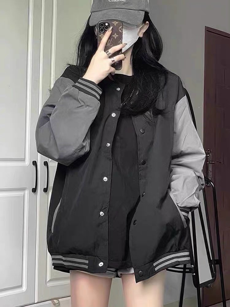 Áo khoác bomber dù 2 lớp form rộng nam nữ unisex ĐEN PHỐI XÁM Áo khoác dù bomber form rộng chất dù gió