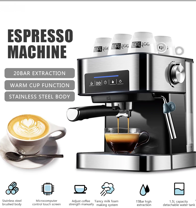Quà Tặng Trị Giá 699K - Máy pha cà phê Espresso nguyên chất chuẩn công nghệ Italy áp suất 20 bar mạnh mẽ tích hợp cảm ứng chạm chế độ cốc đôi và cốc đơn dung tích 1.5 lít loại lớn thế hệ mới - Máy pha cafe bán tự động CM6863
