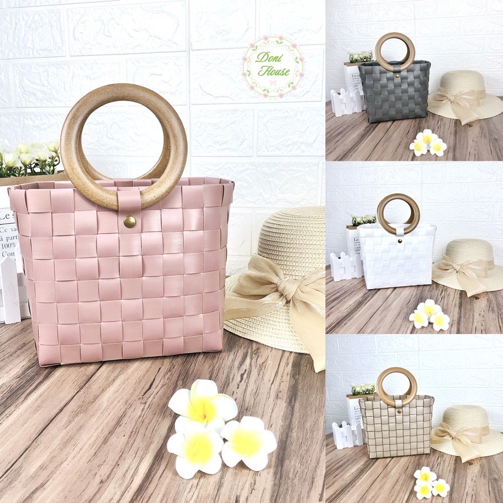 [Handmade] Túi Xách Giỏ Đan Thủ Công Làn Nhựa Quai Gỗ Vintage Nhiều Màu Hàng Xuất Khẩu Sang Chảnh Đi Chơi Đi Biển Chụp Hình Làm Quà Tặng - Doni House