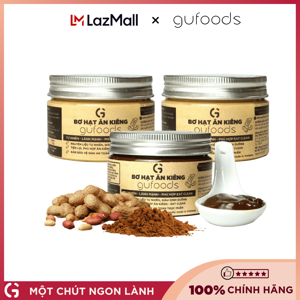 Combo 3 hũ Bơ hạt ăn kiêng GUfoods (bơ đậu phộng / ca cao đậu phộng / crunchy) - Tự nhiên, Lành mạnh, Phù hợp eat clean