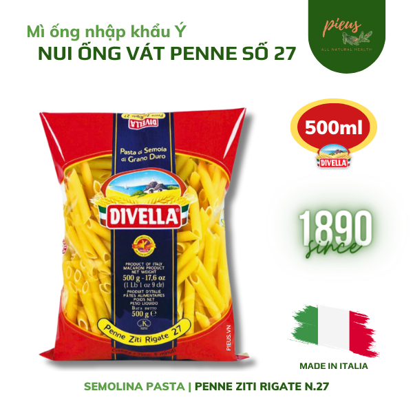 Mì ống vát | Penne Ziti Rigate N.27 Divella 500g - Nui ống nguyên liệu nấu ăn giàu dinh dưỡng nhập khẩu Ý thơm ngon | Pieus House