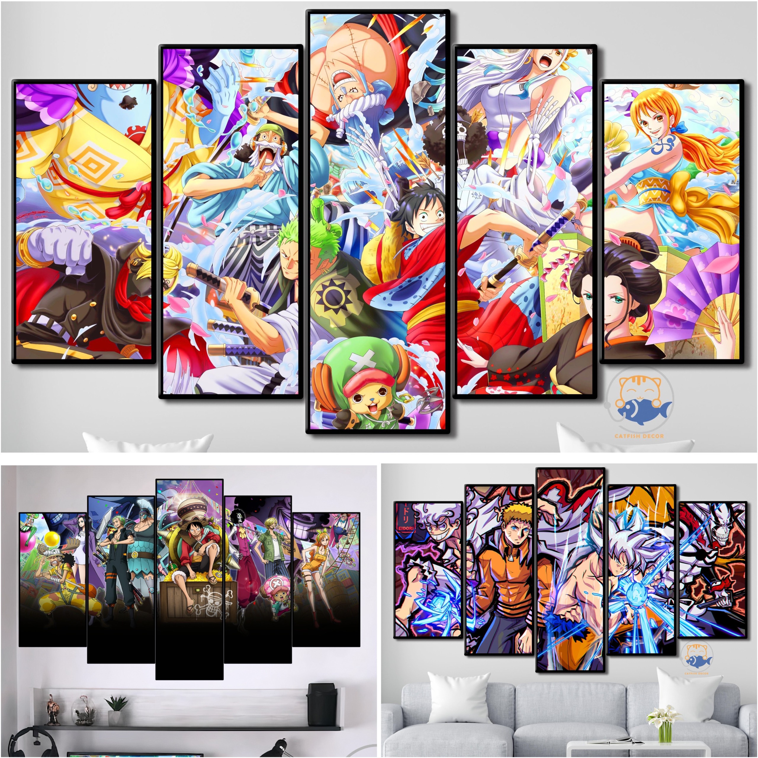 Tranh ghép 5 Dán Tường - Decor Anime - One Piece - Luffy - Luffy Gear 4 - Luffy Gear 5 - Bộ 2