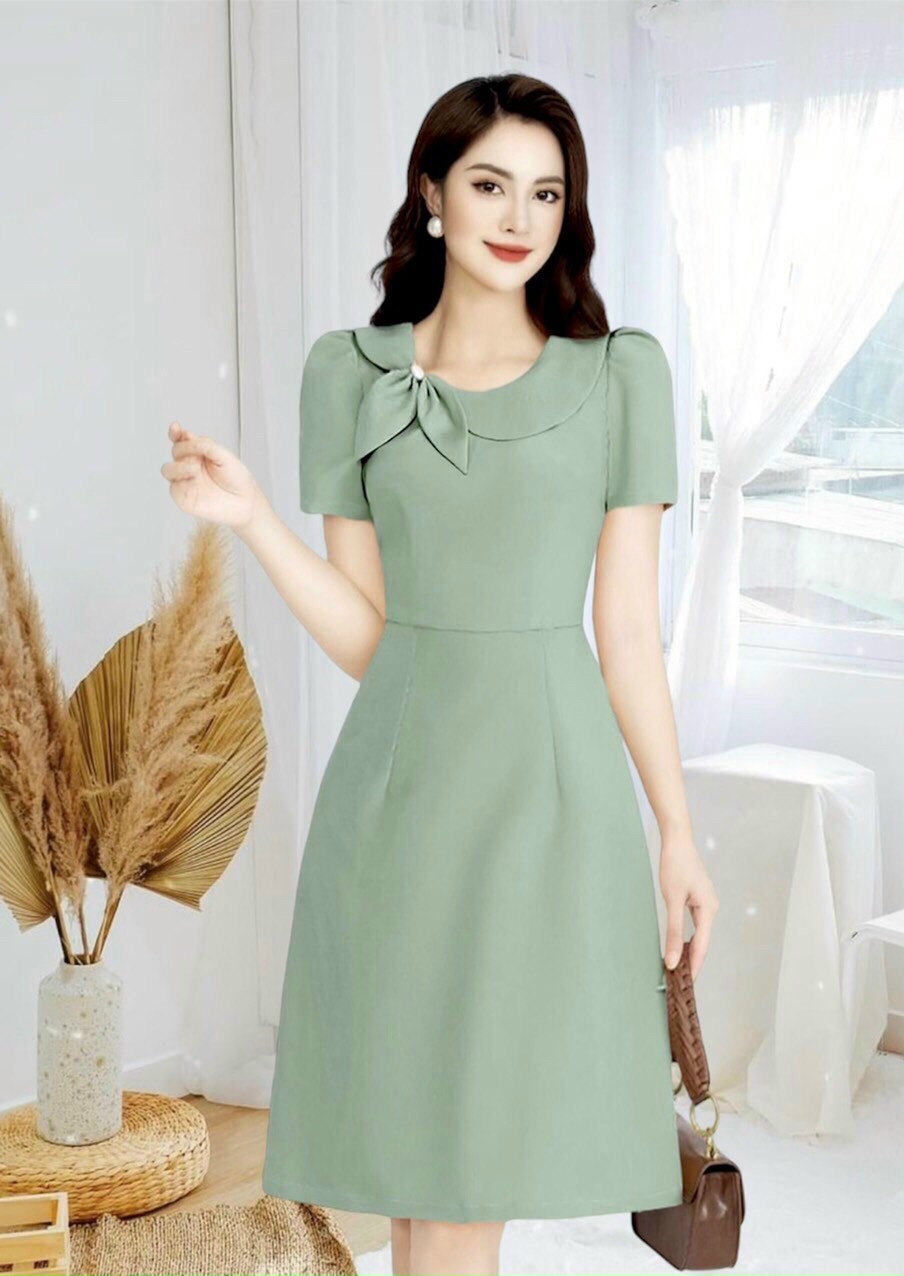 Đầm cổ sen lệch kết nơ nhiều màu