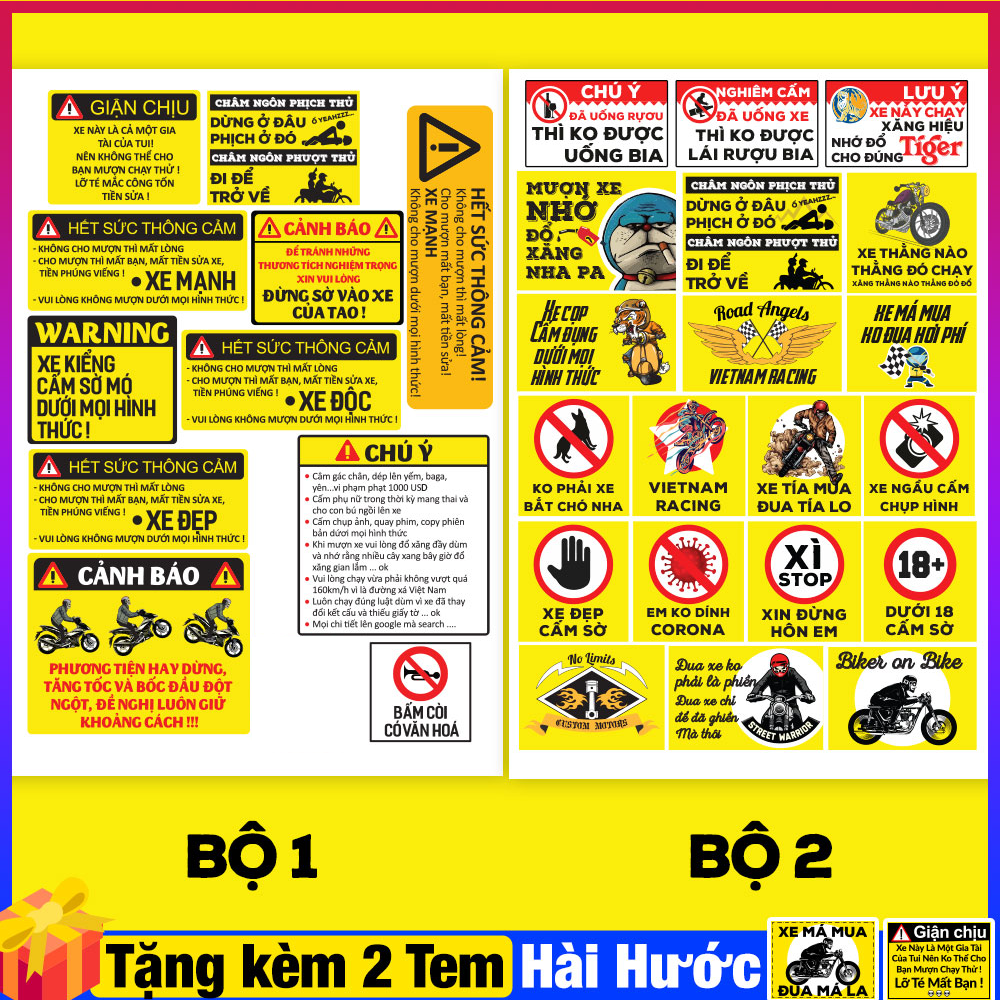 Combo Tem Dán Xe Cảnh Báo Hài Hước Tem Logo Team Xe Máy Decal Xe Máy Team Xe - Sticker Xe Máy Laptop Mũ Bảo Hiểm Valy