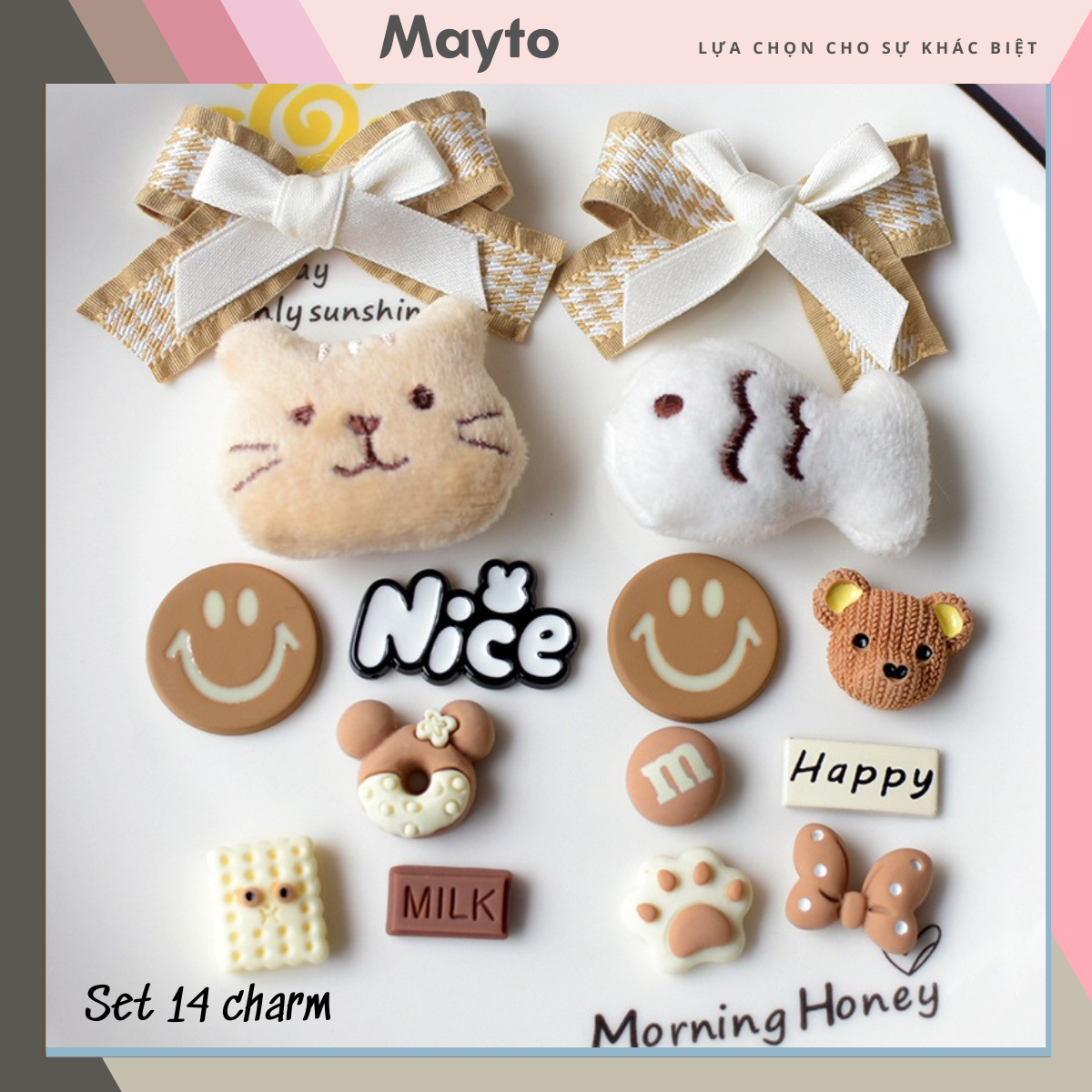 Set 14 Sticker, Charm 3D chủ đề cá mèo bông Mayto gắn Dép Cross, Dép Sục, Cá Sấu JB-200