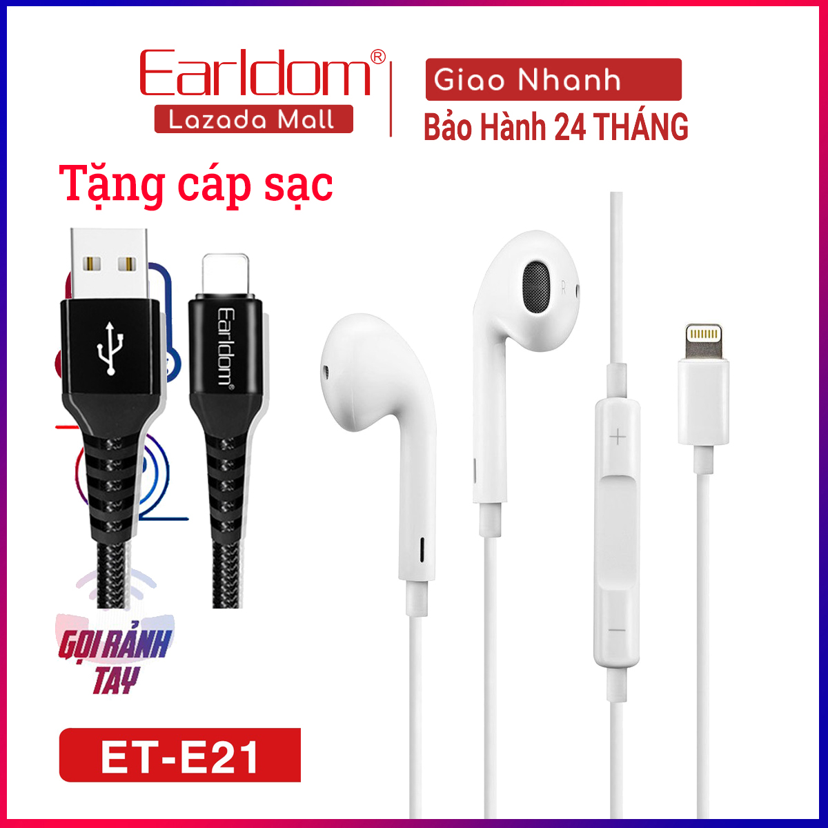 Tai Nghe Có Dây Cho Iphone Chân Ligh.ning Earldom ET21 Chính Hãng Tai Nghe Nhét Tai Gọi Bluetooth Tặng cáp sạc iphone